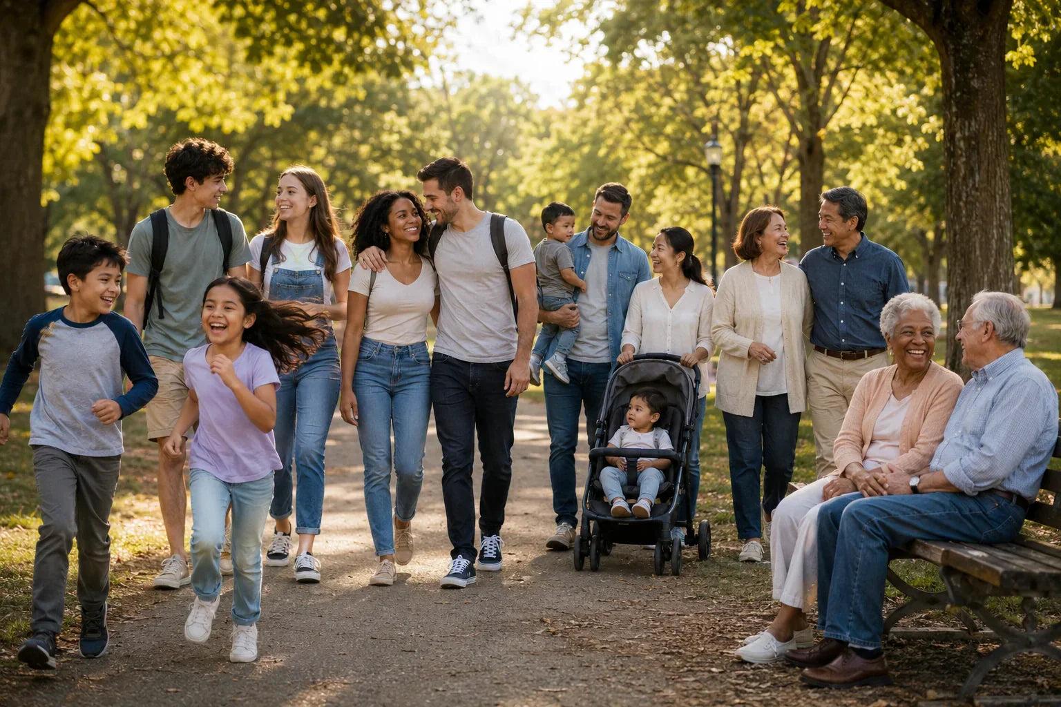 Neighbors of all ages enjoying a sunny community park